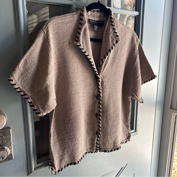 Vintage Retro Boho Knit Stitch Hem Linen Woven Short Sleeved Casual Button Up M - Picture 2 of 7